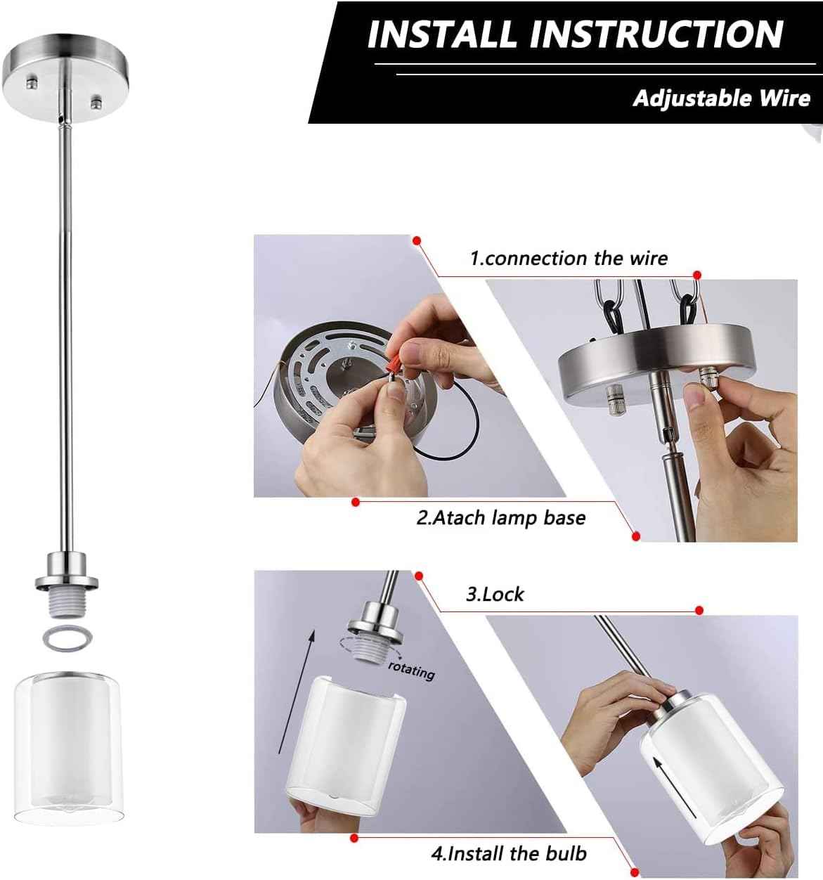 Eidonta 1-Light Mini Pendant Light Fixtures, 3 Pack Modern Brushed Nickel Hanging Ceiling Light with Dual Glass, Adjustable Height