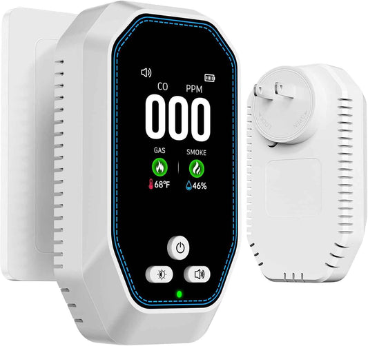 5-in-1 Carbon Monoxide Detector & Natural Gas Leak Alarm with LCD Display - Battery Backup, Temp/Humidity Monitor for Home & Travel