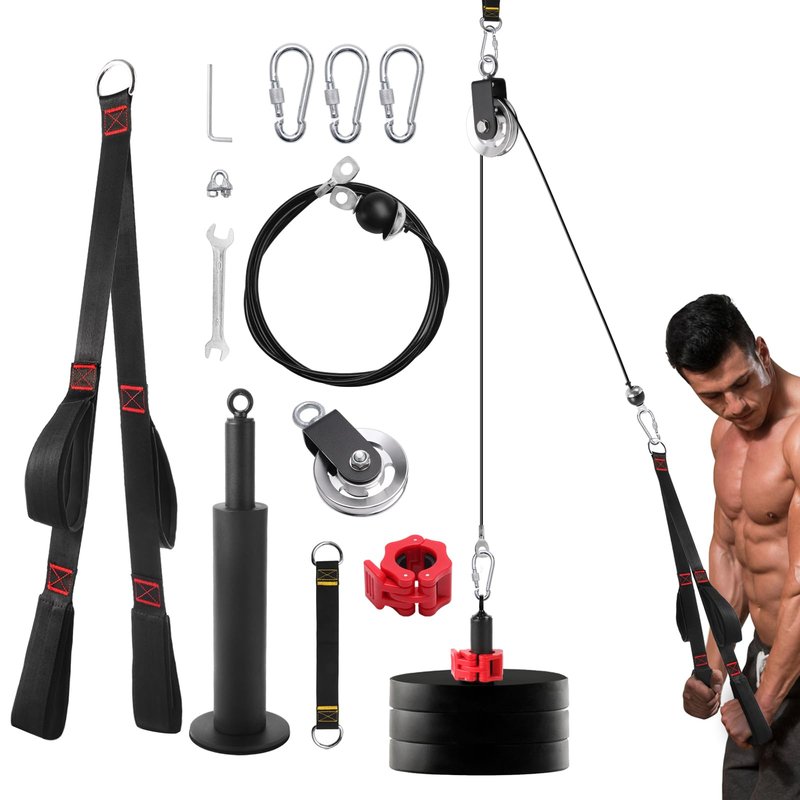 Fitness LAT and Lift Pulley System, Upgraded Weight Cable Pulley LAT Pull Down Machine Attachments Home Gym Training Equipment for Biceps Curl Triceps Forearm (Black-Steam)
