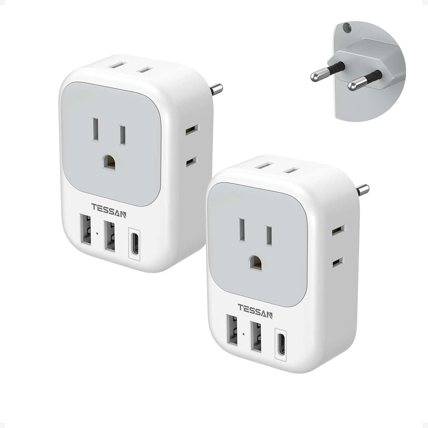 TESSAN European Plug Adapter - 2 Pack USB-C Travel Charger with 4 Outlets & 3 USB Ports for Italy, Spain, France, Germany