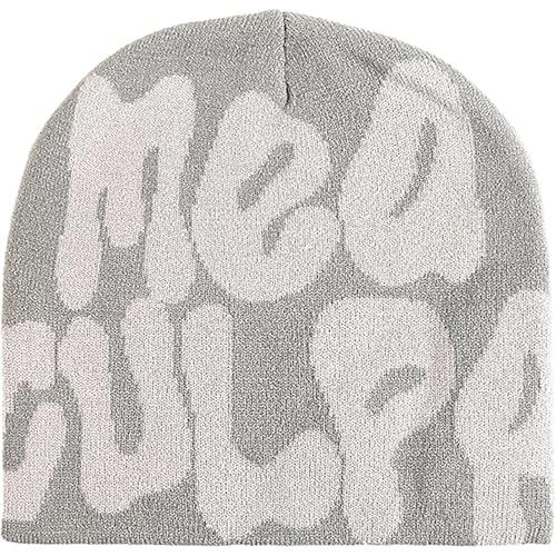 Y2K Graphic Beanie Hat for Women - Knit Skull Cap, Gray