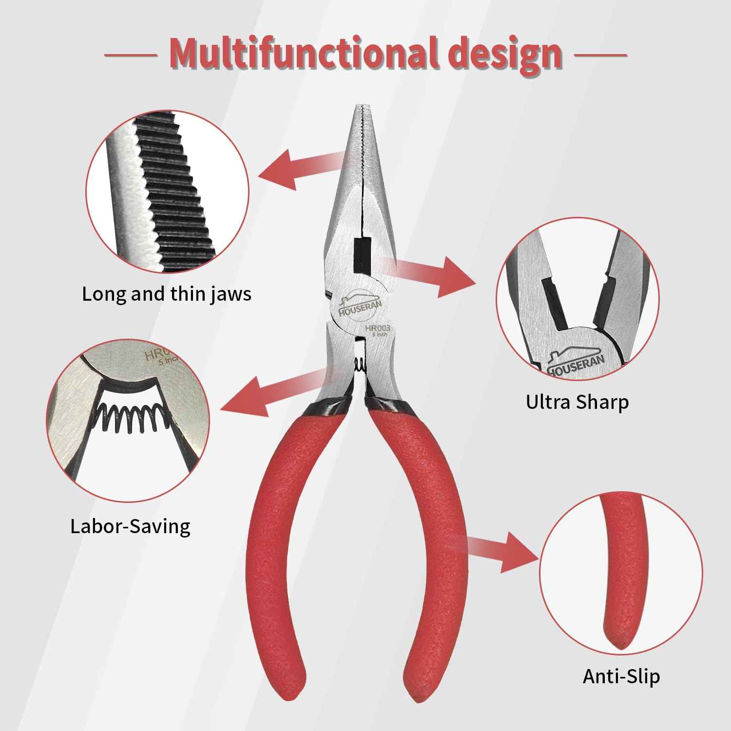 HOUSERAN Needle Nose Pliers, 5 Inch, 5 Pack, Long Nose Pliers with Side Cutter, Spring Loaded for Cutting and Bending Wire