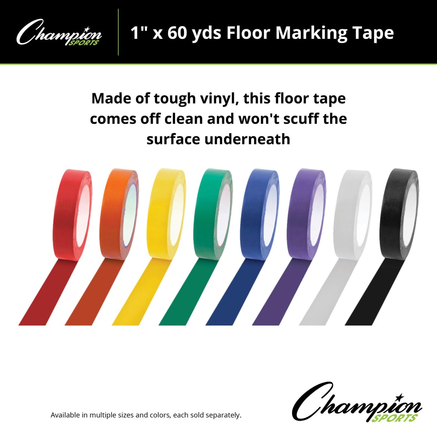 Champion Sports Vinyl Tape, 1” Wide x 60 Yards Long, Black - Durable Floor Marking Tape - Schools, Gyms, Restaurants