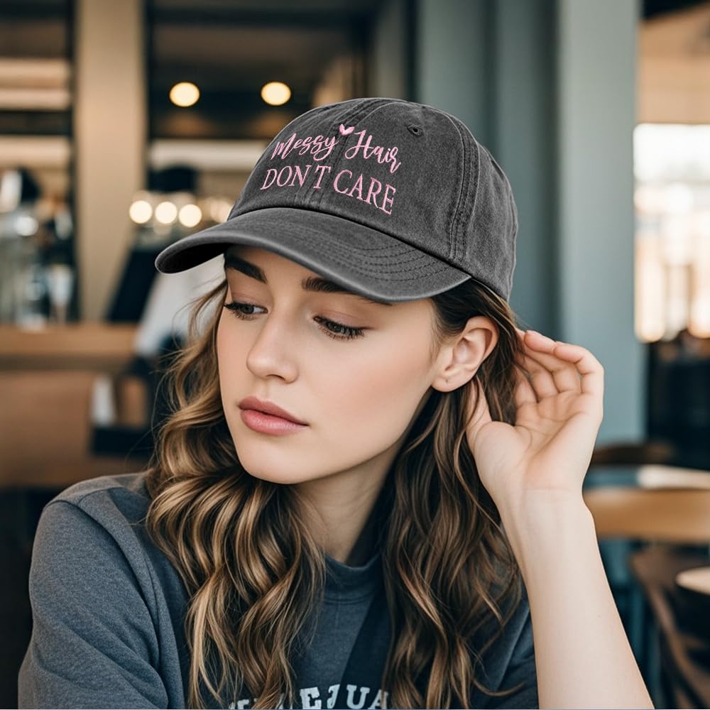 GEYGIE Messy Hair Don't Care Embroidery Adjustable Classic Washed Distressed Baseball Cap, Funny Sun Shade Sports Cap for Women, Travel Weekend Vacation Hat Gifts for Mom Aunt Grandma Sister Bestie