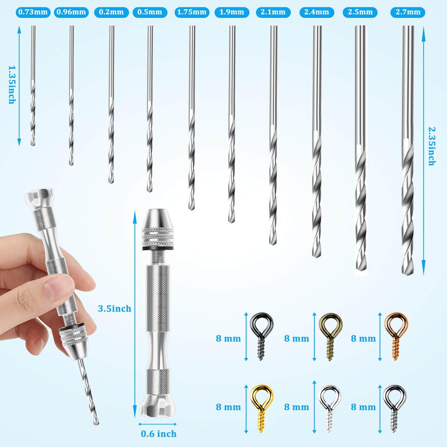 Shynek Pin Vise Hand Drill Set, Manual Hand Drill with 600PCS Small Screw Eye Hooks and 10 Different Sizes Drill Bits for Keychain, Jewelry Making and Crafts