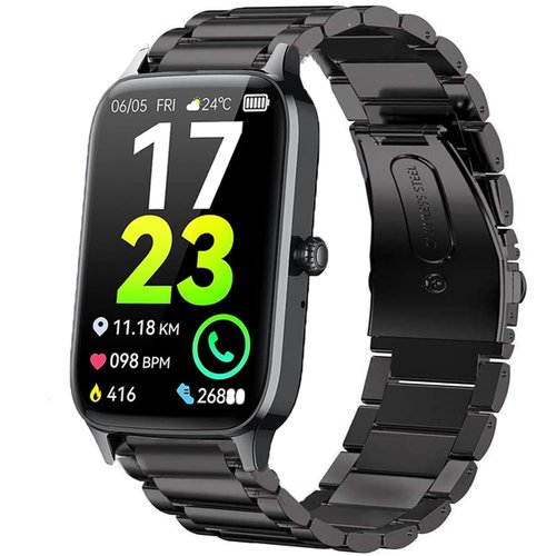Lamshaw Compatible with Soudorv P97, Dyurwa P97 Smart Watch Band, Stainless Steel Metal Replacement Strap Bracelet, Modern Pilot Design, Black, Adjustable (5.71"-8.19" / 145mm-208mm)