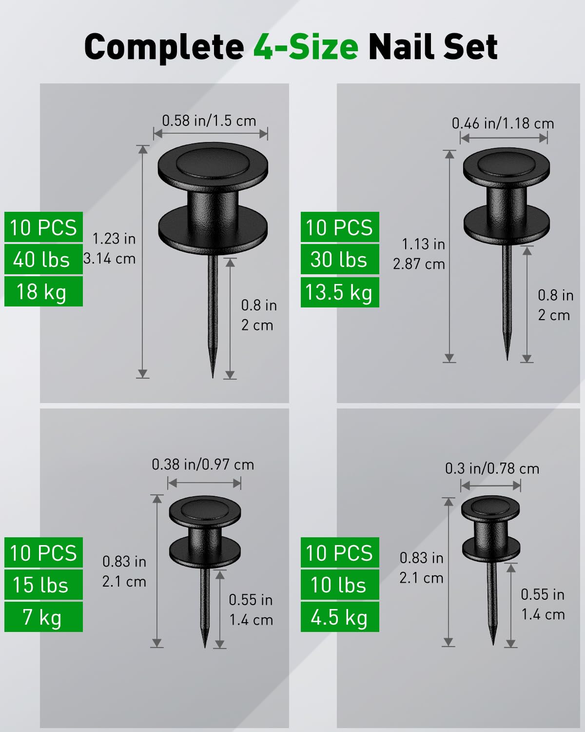 Uniclife 40 Pcs Thumb Tacks, Double Headed Picture Hangers, 4 Size Push Pins for Wall, Picture Hanging Nails, Long Wall Hooks for Pictures Photo Frame Tapestry and Decor, Black