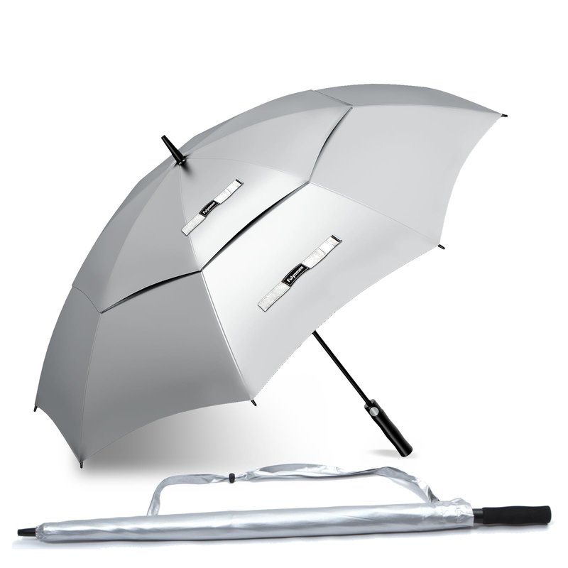 Fulynmen 68/62/54 Inch UPF50+ Sun Umbrella UV Protection UV Umbrellas for Sun Protections Windproof Large Golf Umbrella Auto Open and Vented Double Canopy Umbrellas for Rain (Silver/Black, 62 Inches)