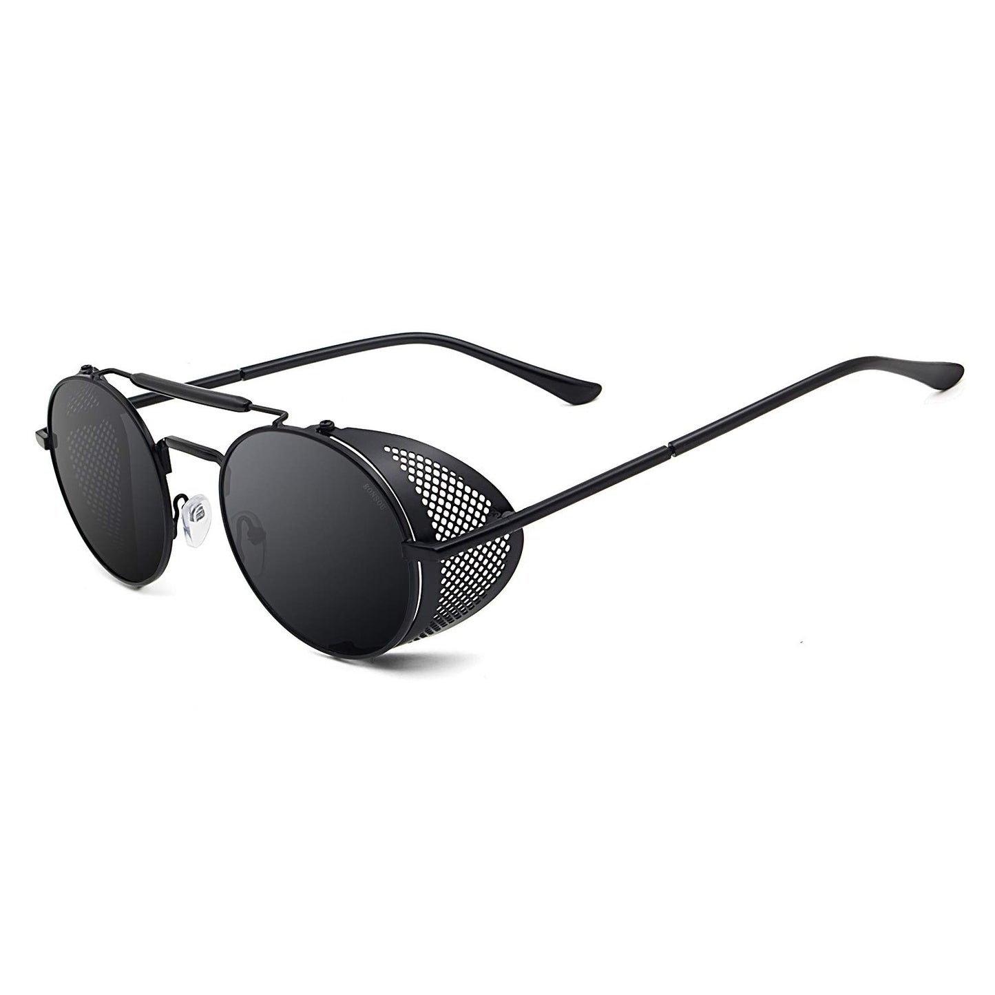 RONSOU Steampunk Style Round Vintage Sunglasses Retro Eyewear UV400 Protection Matel Frame black&grey