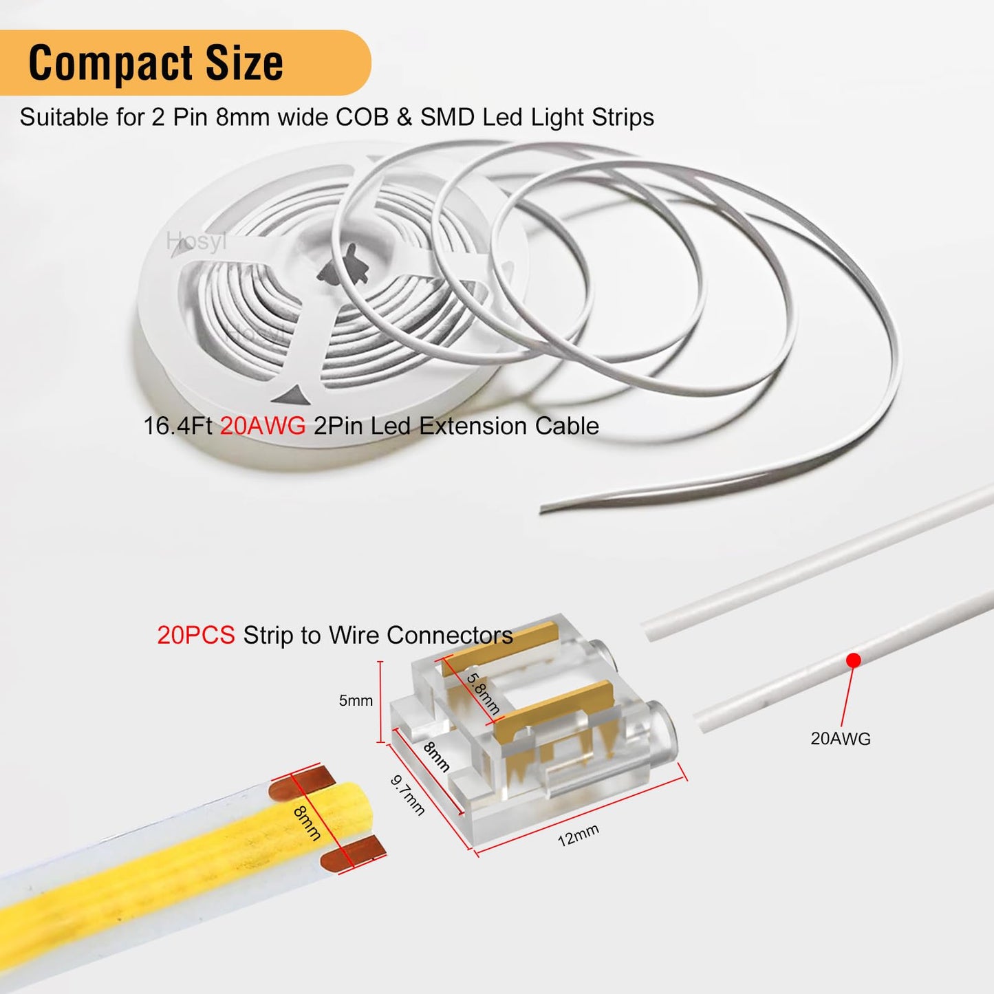 Hosyl Solderless COB LED Strip Light Connectors 20PCS+16.4ft 20AWG Extension Wire, 8mm 2-Pin DIY COB LED Strip to Wire Connectors Kit for Under Cabinet, Bedroom, Garage Lighting and DIY Projects