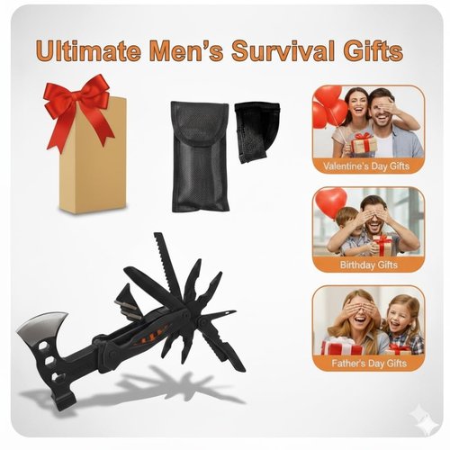 18-in-1 Multitool Hatchet Camping Axe with Hammer & Knife with Protective Sheath, Survival Gear for Men Dad, Emergency Car Tool & Hiking Accessories, Cool Gadgets for Outdoor Hiking Emergency