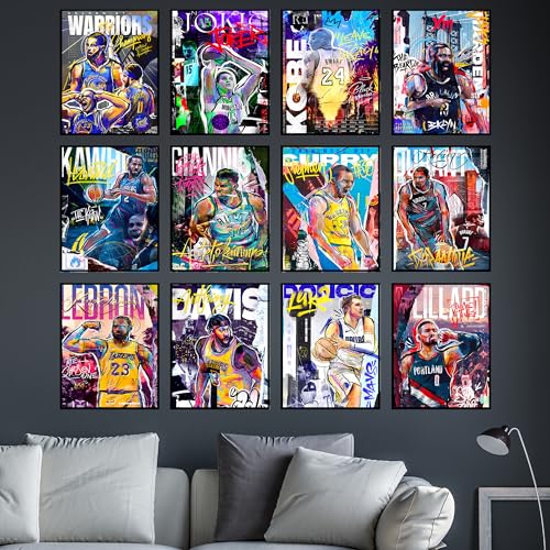 Basketball Posters Set of 12 for Boys Bedroom - Unframed, 8x10 in, Includes Curry, Kobe, LeBron & Warriors - Basketball 2
