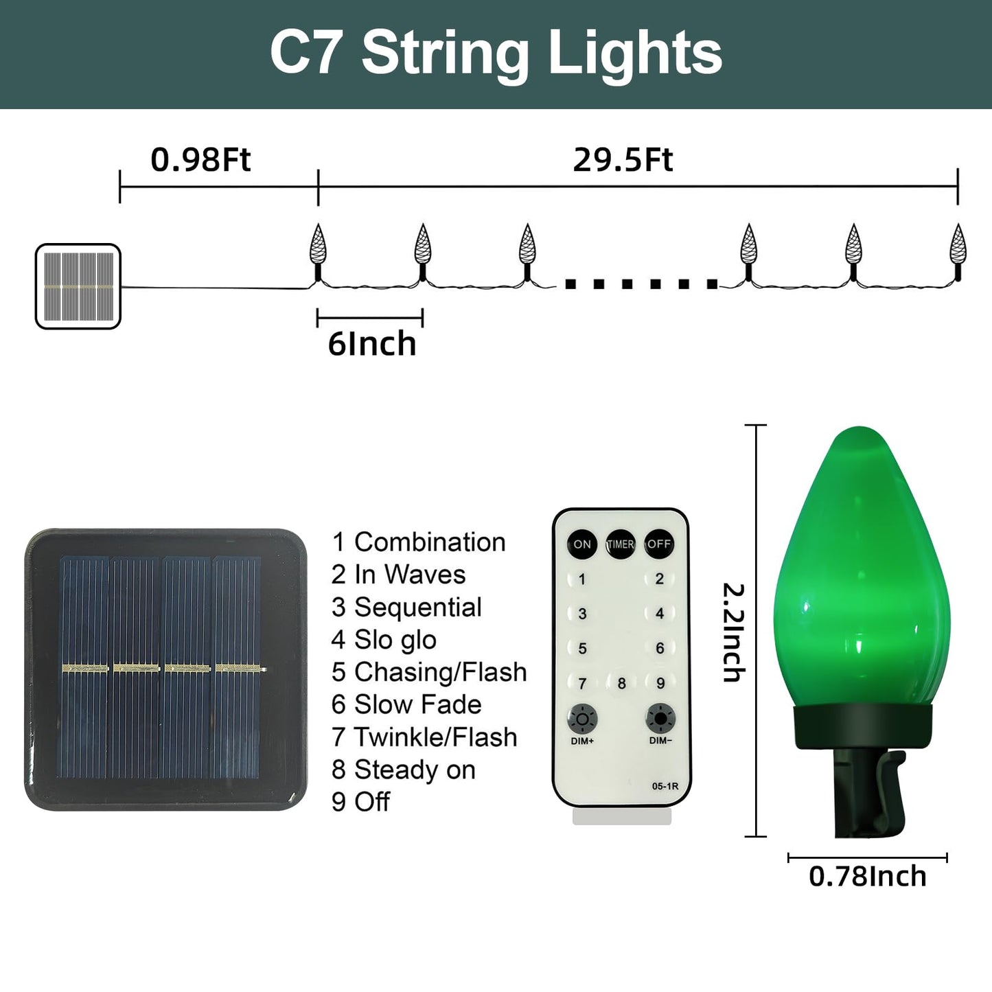 Anycosy Solar Christmas Lights, 29.5 FT 60 LEDs C7 Strings Lights 8 Modes with Auto On/Off Time for Xmas Tree Garland Garden Patio Indoor Outdoor Christmas Decorations WC-60