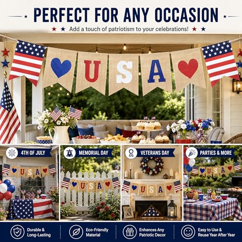 Burlap 4th of July Banner Bunting - Patriotic Decorations