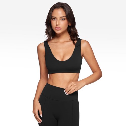 INGIA Womens U-Neck Sports Bra Padded U Back Medium Impact Fitness Yoga Bar Workout Crop Top with Built in Bra Black Medium