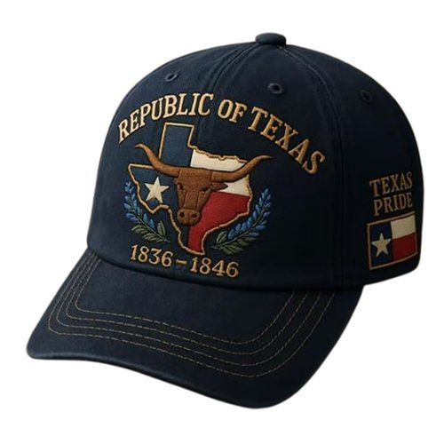 Republic of Texas Commemorative Hat – Hand Embroidered Baseball Cap with Dome Top and Short Brim, Totem National Style Blue-Black