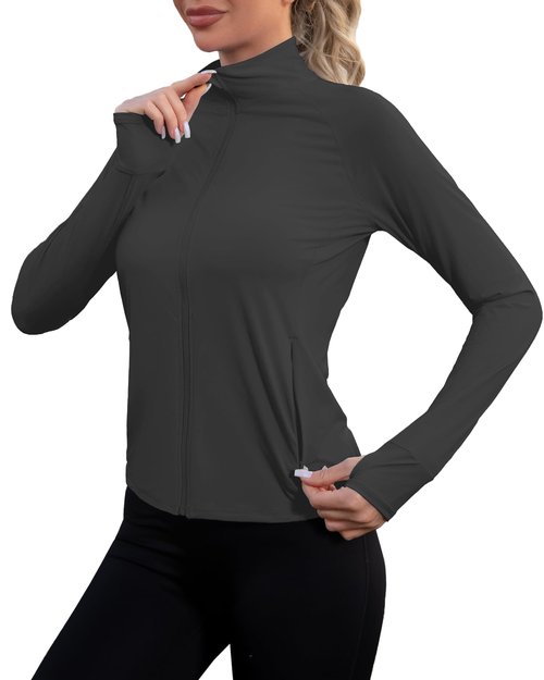 We1Fit Women's UPF 50+ Sun Protection Jacket Lightweight Athletic Shirts Full Zip Up Slim Fit Jackets for Workout Running with Pockets Black