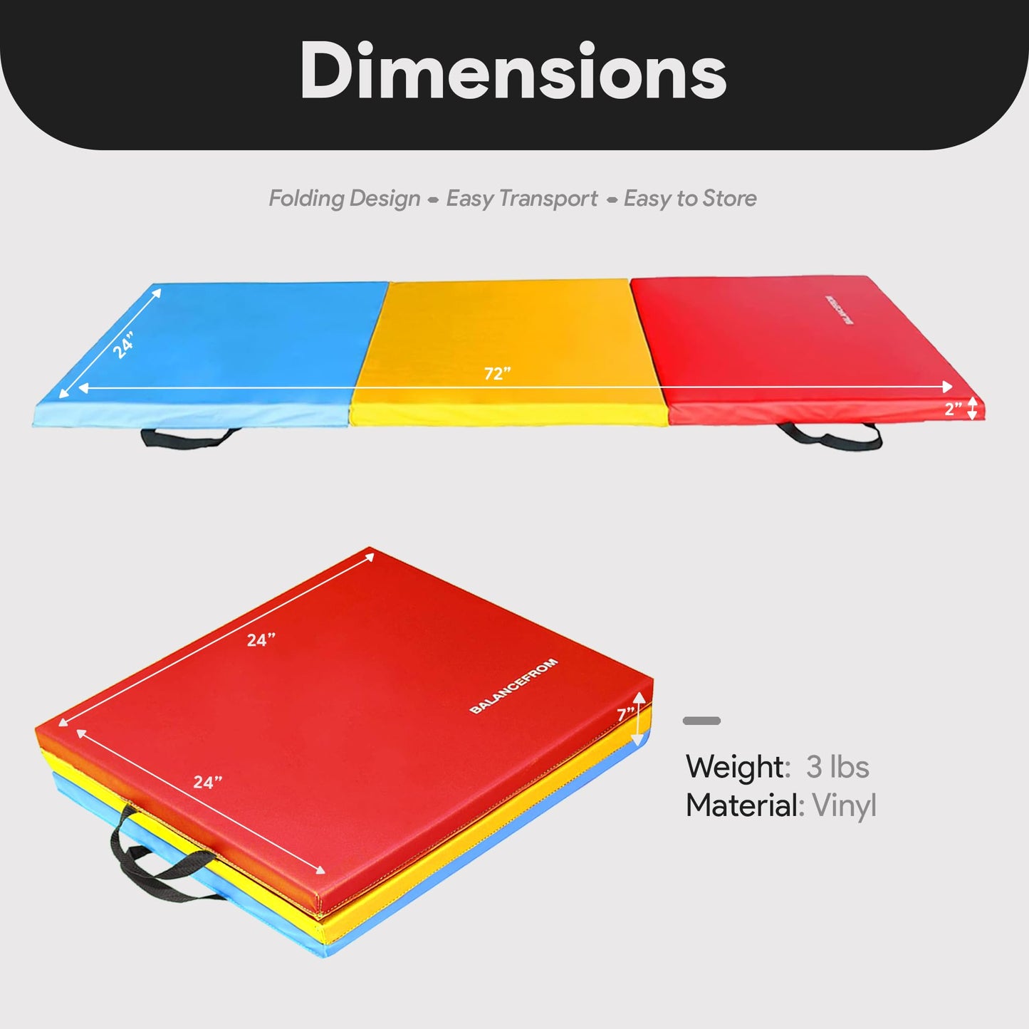 BalanceFrom 2-Inch Three Fold Folding Exercise Mat 6'x2' with Carrying Handles for MMA, Multi-Color