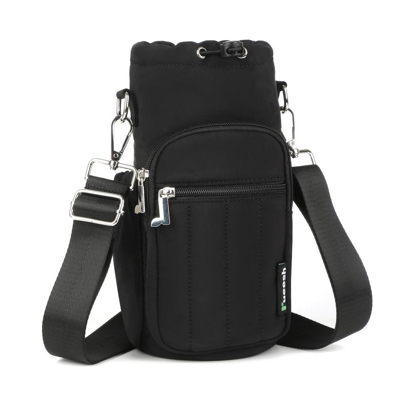 Rueesh Women Water Bottle Holder Bag with Adjustable Strap, Insulated Water Bottle Carrier RFID Crossbody Sling Bag for Hiking Walking Gym Travel,Black