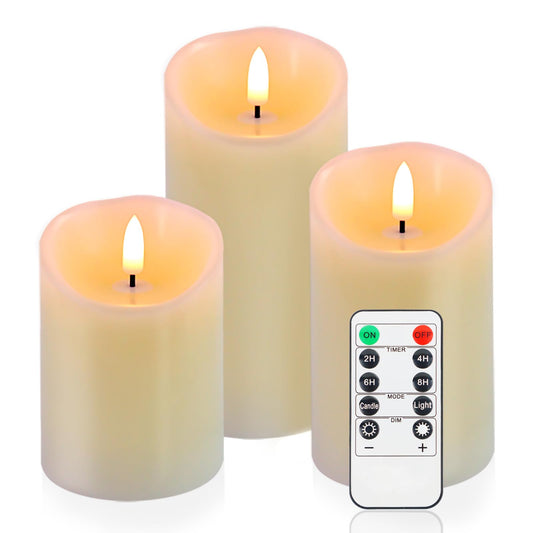 Warmhere Flickering Flameless LED Candles, Realistic Fake Candles Battery Operated with Remote and Timer, Ivory Real Wax Pillar Candle for Home Wedding Party Decorations, Set of 3, Φ 3" H 4" 5" 6"