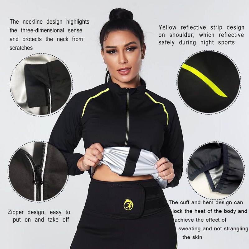 NINGMI Sauna Jackets for Women Long Sleeves Sweat Suit Weight Loss Shirt Zipper Workout Gym Exercise Body Shaper
