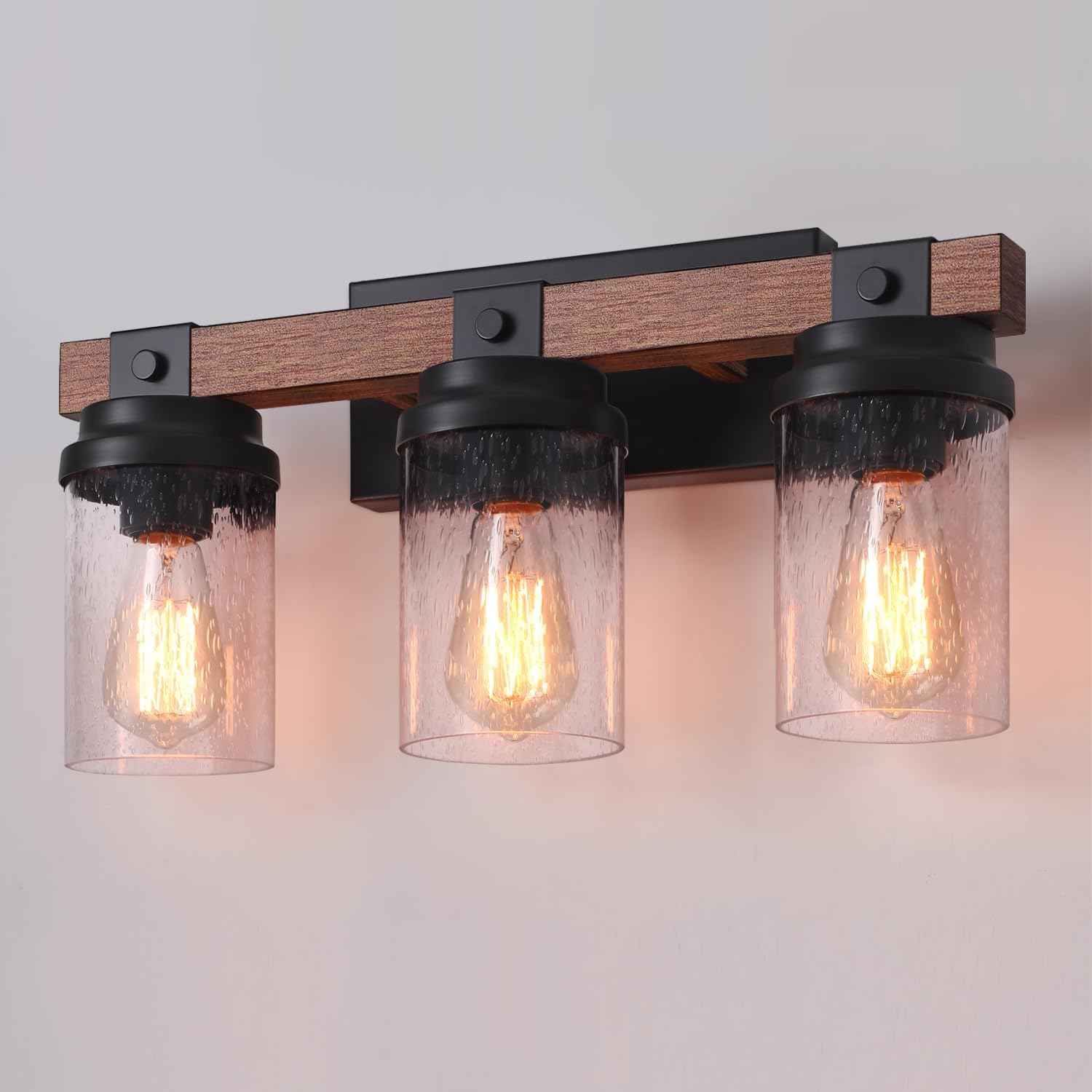 Farmhouse 2-Light Vanity Lights for Bathroom - Rustic Black Wood & Glass Sconces