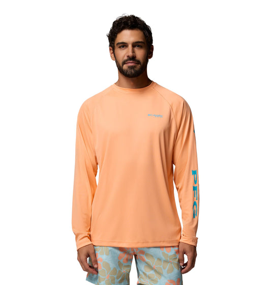 Columbia Men's PFG Terminal Tackle Long Sleeve Fishing Shirt, Bright Nectar/Ocean Teal Logo, Large