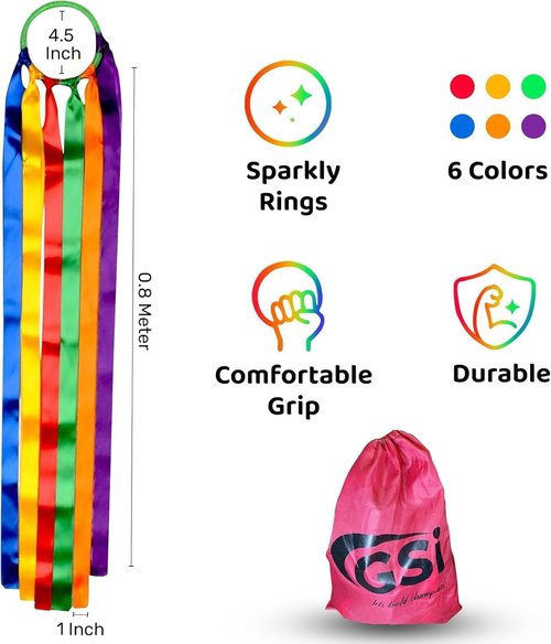 GSi Multicolor Ribbon Wands - Pack of 6 Dance Streamers with 9" Sticks & 1m Ribbons for Kids' Parties