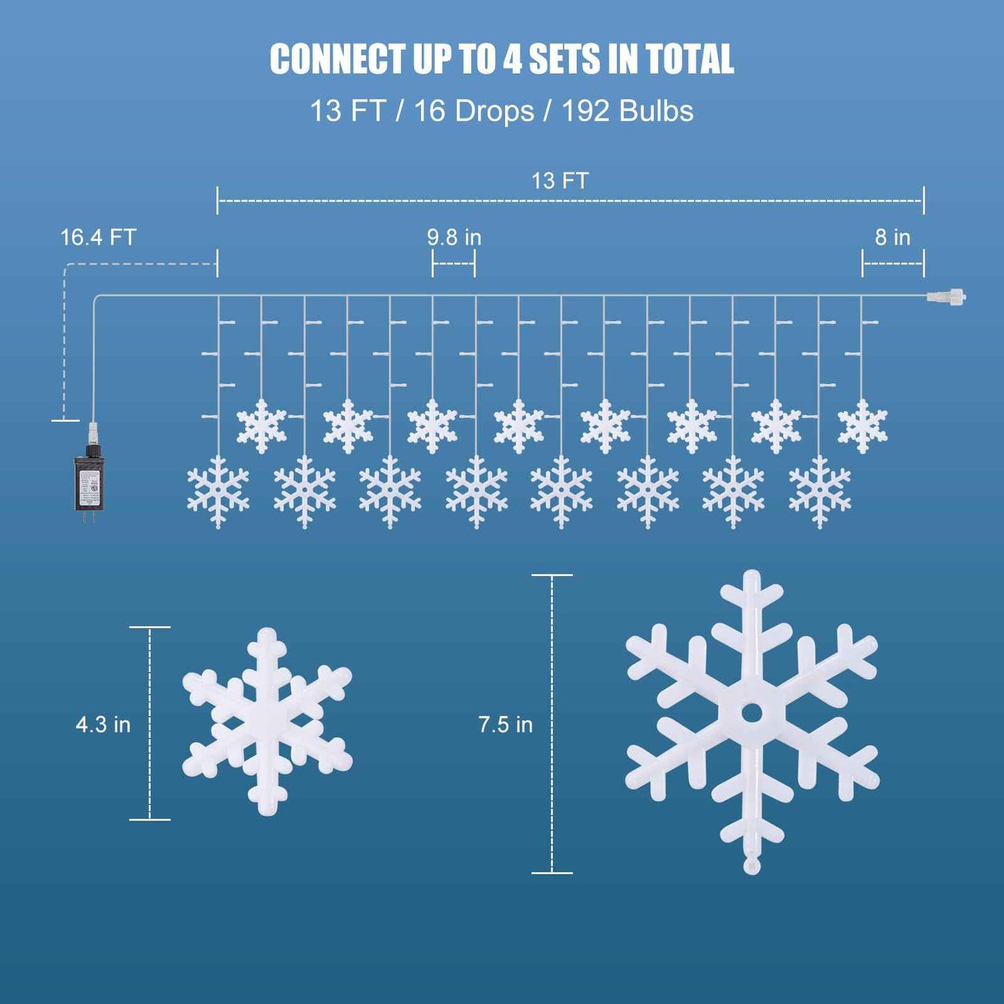 2 Pack 13 Ft 192 LED Snowflake Christmas Icicle Lights with 16 Drops, 8 Modes and Timer, IP65 Waterproof Connectable for Indoor Outdoor House Window, Warm White