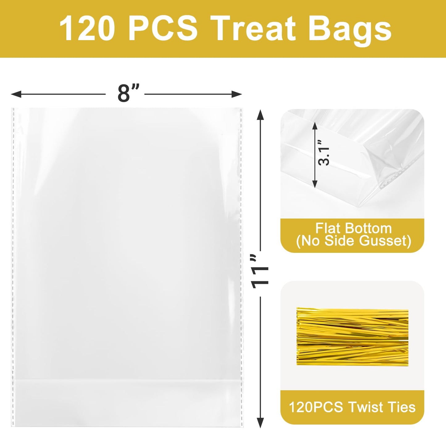 Aubeco 120Pcs Flat Bottom Cellophane Bags, 8x11x3.1" Clear Goodie Baggies with Twist Ties for Party Favor Packaging, Cookie, Popcorn, Candy, Mug Wrapping