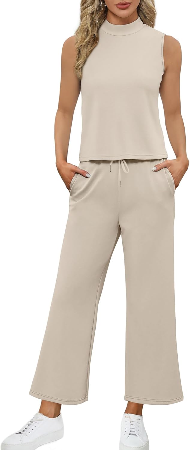 SAMPEEL Summer Two-Piece Sets for Women - Stylish Mock Neck Tops & Wide Leg Crop Pants