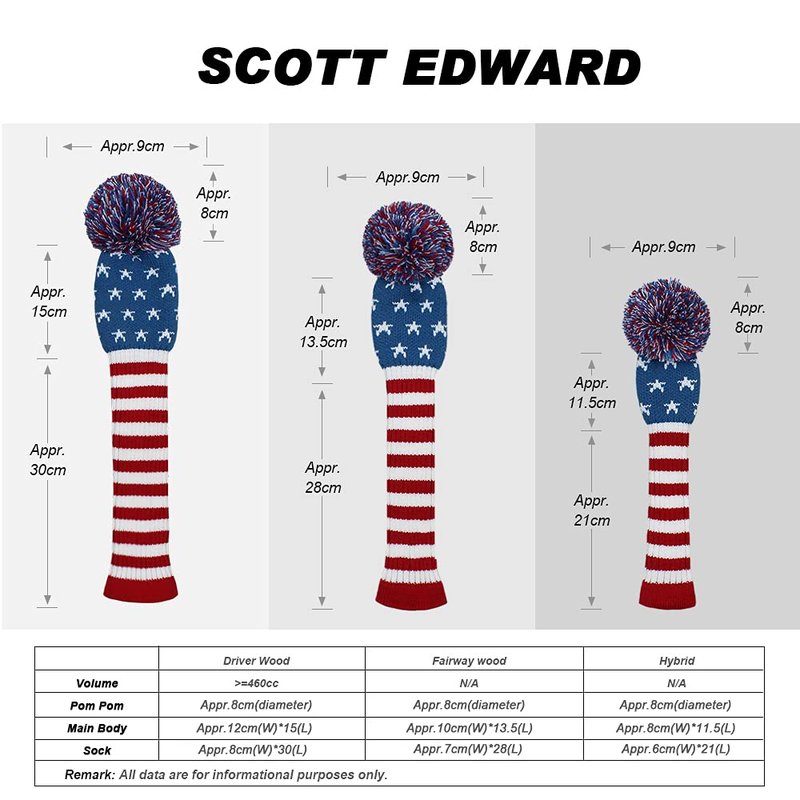 Scott Edward Golf Headcovers for Woods Set of 3 Fits Well Driver(460cc) Fairway Wood and Hybrid(UT),Beautiful and Interesting Patterns for Female,Women,Girl(Blue Star Stripe)