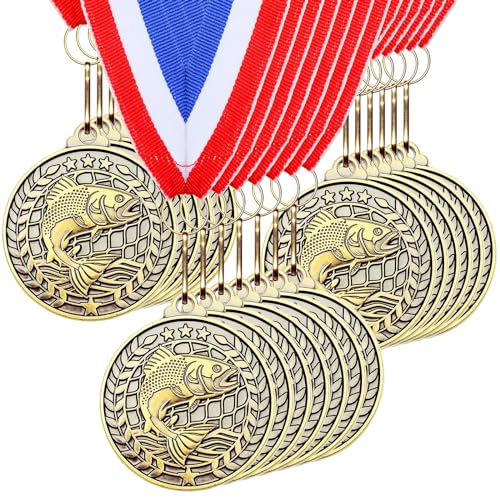 Fishing Medals - 30 Pcs Gold Trophy Award with Ribbons