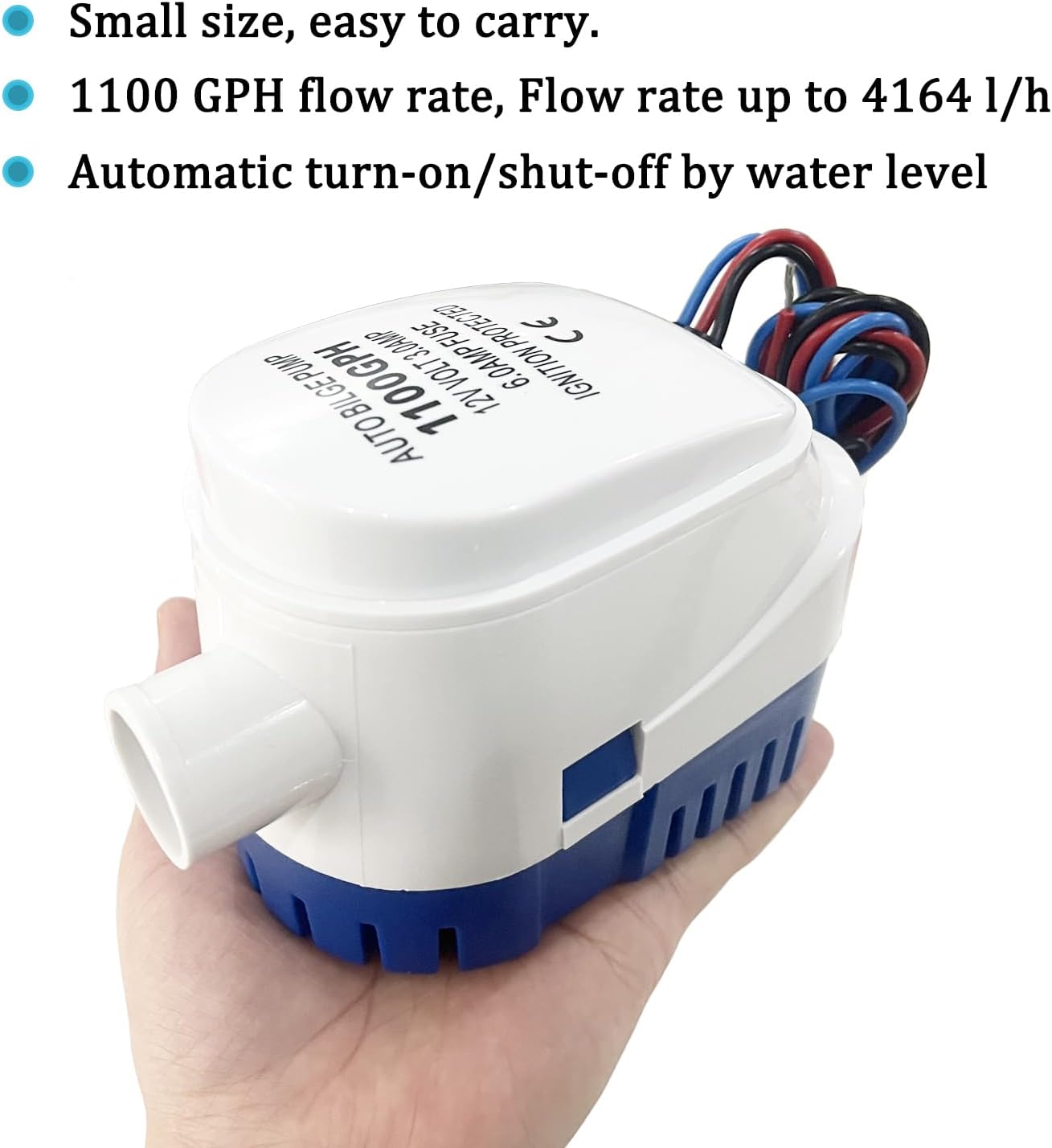 Regine Switzerland Automatic Submersible Bilge Pump - 1-1/8 Inch Dia, 12V 1100GPH with Built-in Float Switch