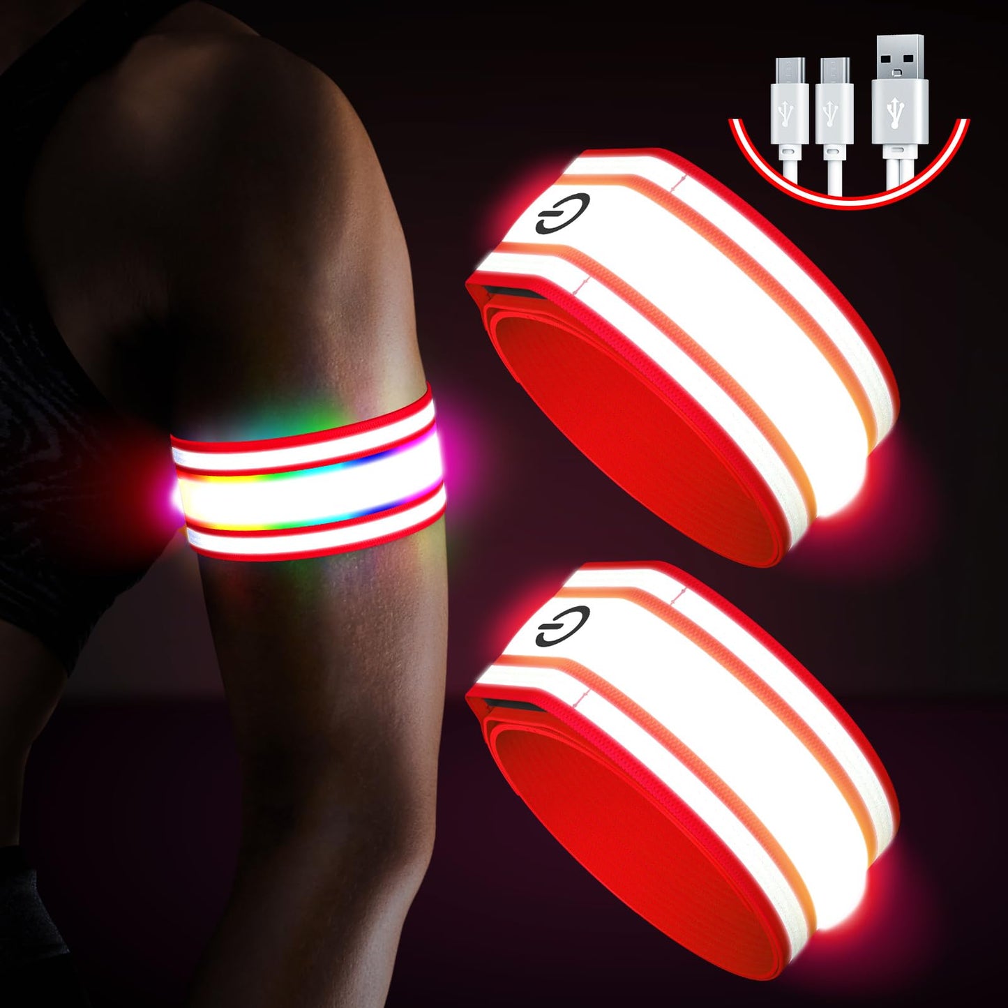 LED Armband for Running(2 Pack),Light Up Arm Bands for Night Walking Running,Rechargeable Lights for Runners,High Visibility Reflective Running Gear Adjustable Light Up Wristbands (Red, Regular)