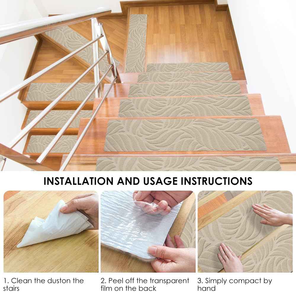 8" X 30" Stair Treads for for Wooden Steps,Non-Slip Carpet Step Treads Step Covers(15-Pack),Safety Rug Stair Tread Covers Indoor Stair Mats for Elders, Kids and Dogs (Leaf-Beige)