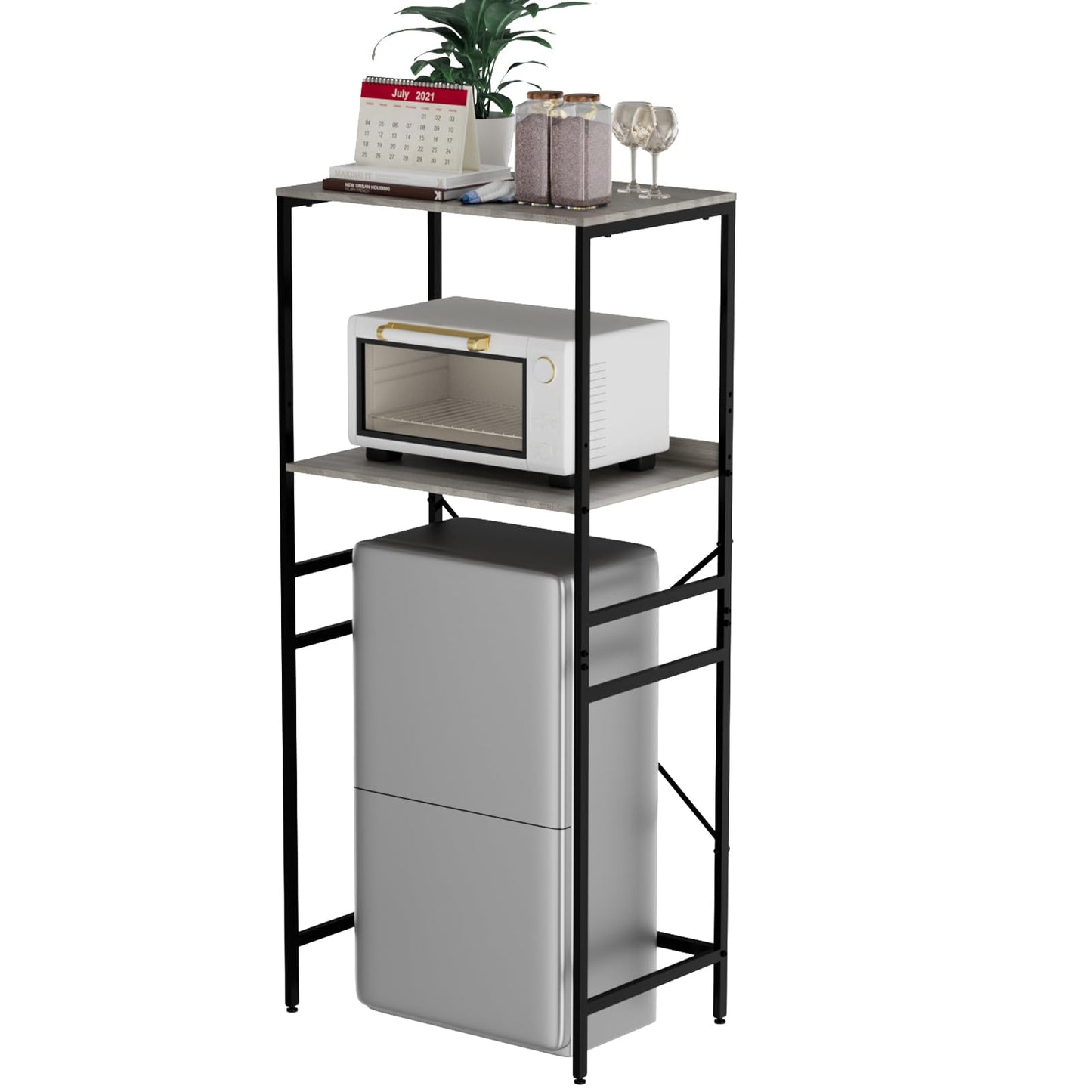 QieerHior Mini Fridge Shelf Mini Fridge and Microwave Stand Over Mini Fridge Storage Rack Height Adjustable Microwave and Fridge Stand Suitable for Dorm, Kitchens, Offices, Modern Gray