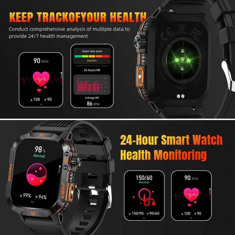 QTLLBT Men's Military Smart Watch HD Compass Altimeter Barometer Fitness Tracker Sports Watch Pedometer Mountaineering Watch Sleep Monitoring Function Men's and Women's Watches
