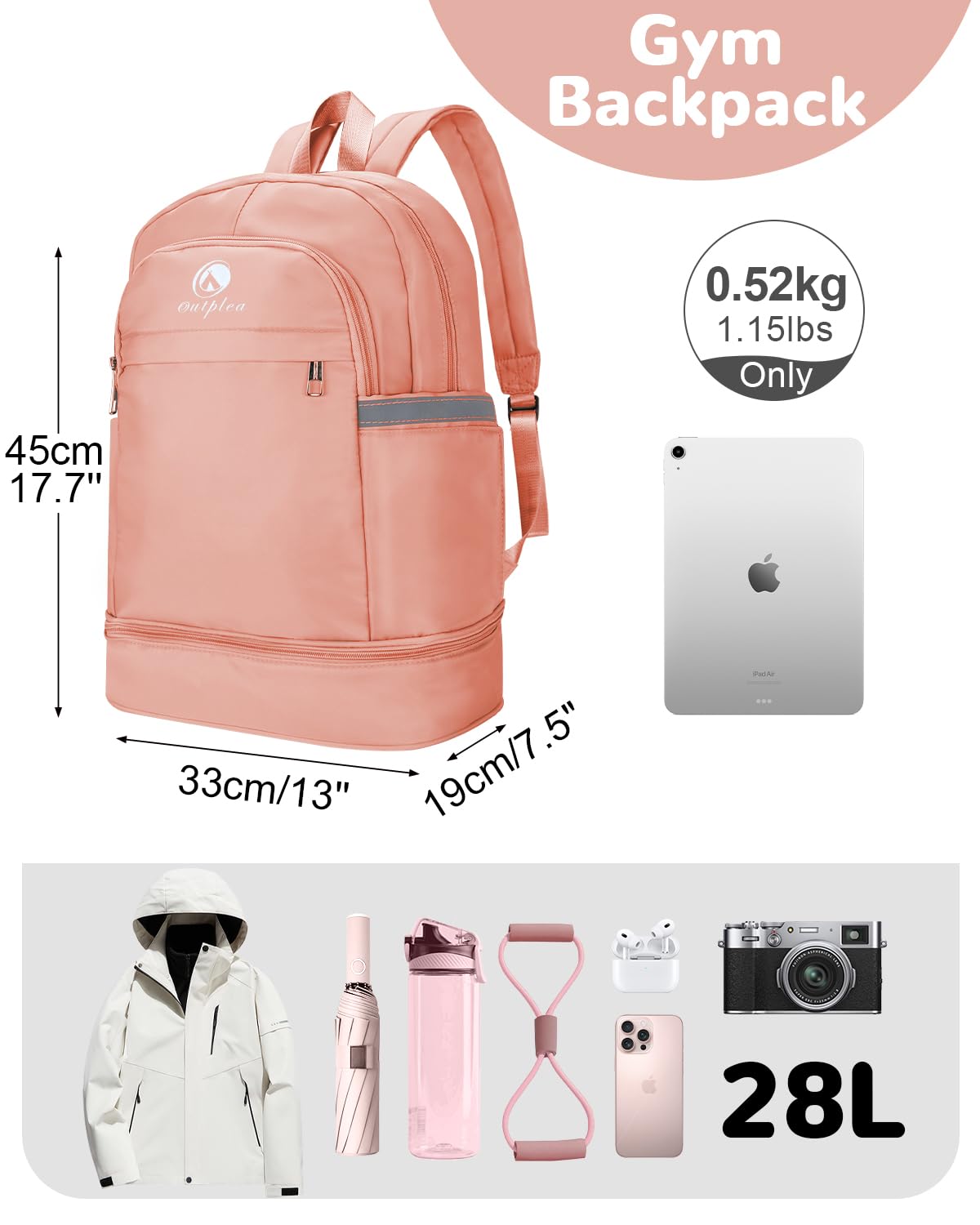 Outplea 28L Small Gym Backpack with Shoe Compartment for Women, Lightweight Sports Backpack with Wet Pocket, Pink