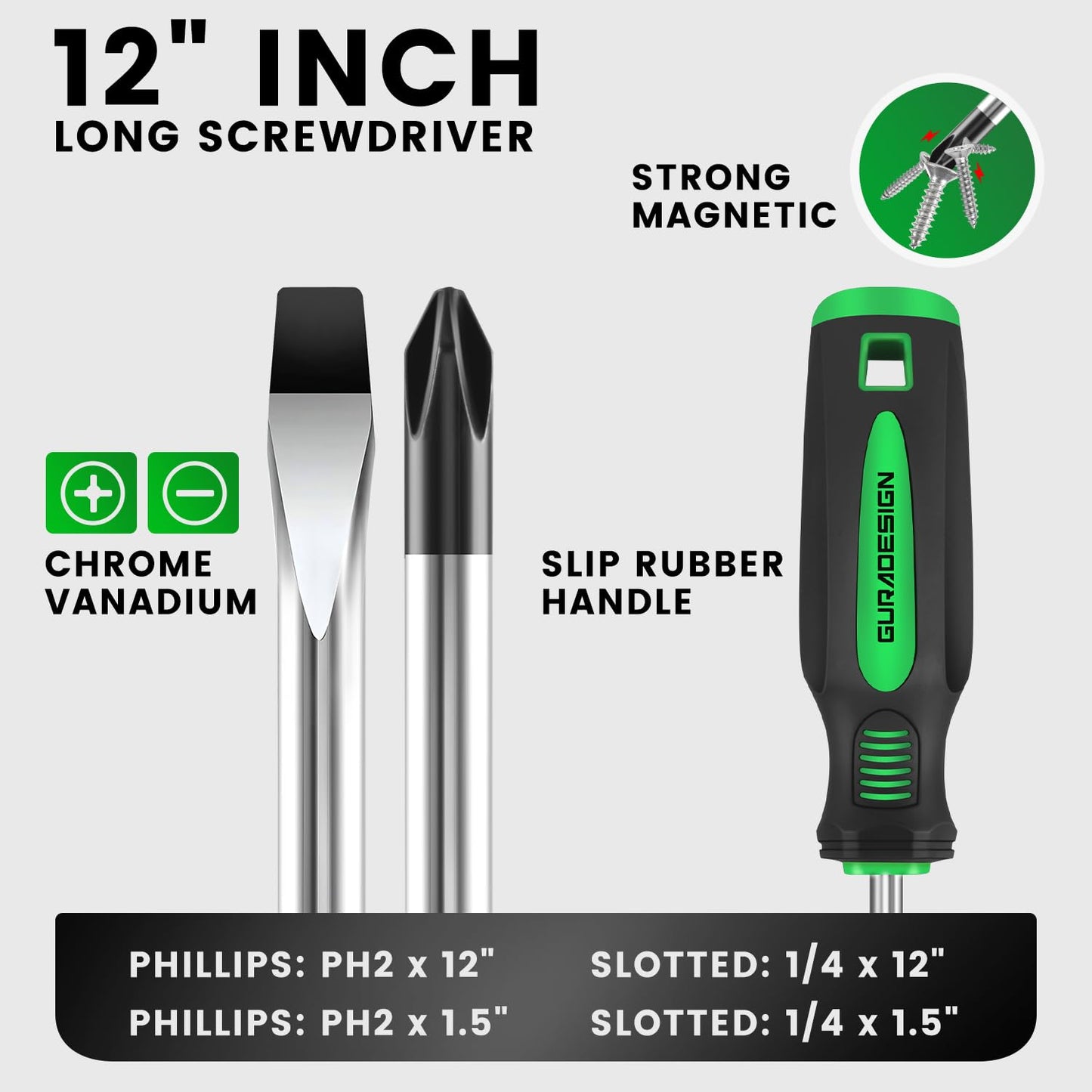 GURADESIGN 4-Piece 12" Long Screwdriver Set Slotted and Phillips, Long & Short Magnetic Screwdriver Set