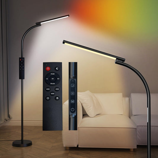 LED Floor Lamp, Bright RGB Floor Lamps for Living Room, Reading Floor Lamps Adjustable 3000K-6000K Colors & Brightness, Touch Control Dimmable Gooseneck Standing Lamp Remote for Bedroom Office