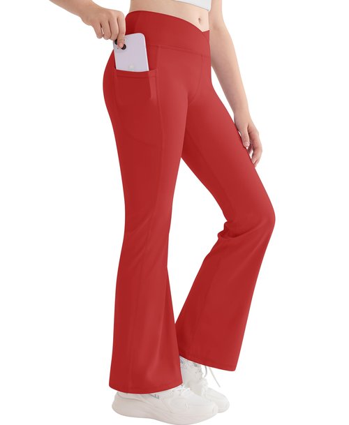DOCUMO Girls Flare Leggings with Pockets - Crossover Waist Bell Bottoms Full Length Bootcut Leggings for Girls Yoga Dance Athletic Pants Kids (Red, Small)