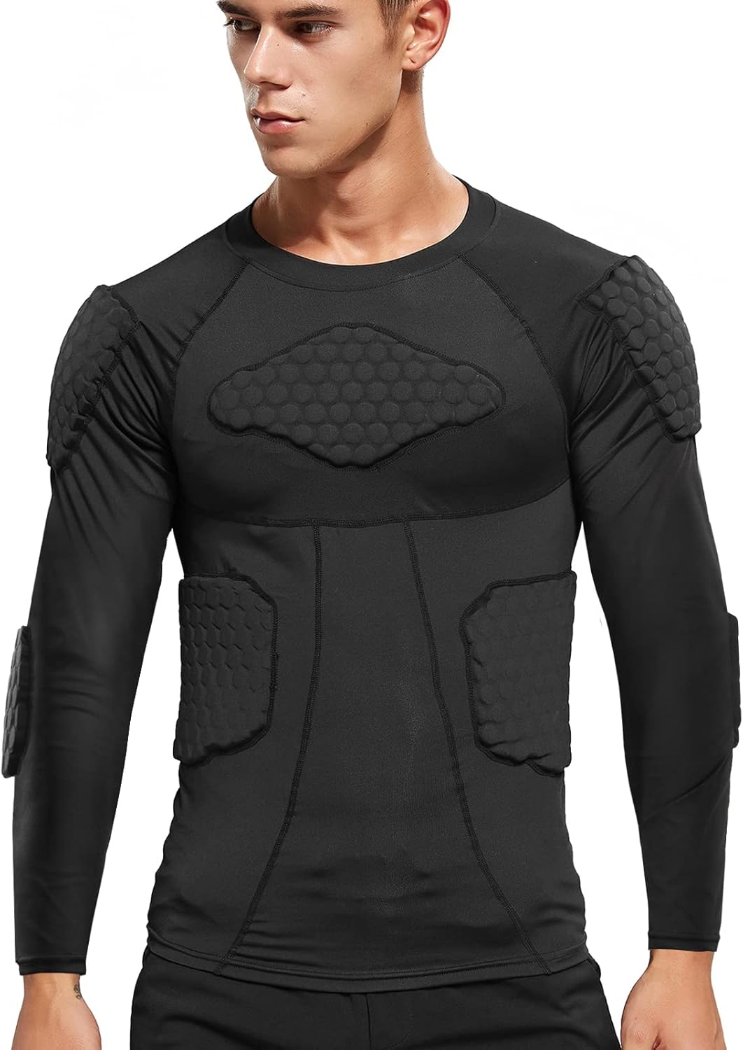 Zicac Men's Compression Rash Guard - Shock-Absorbing Padded Shirt for Soccer & Basketball | Protective Chest Rib Guards