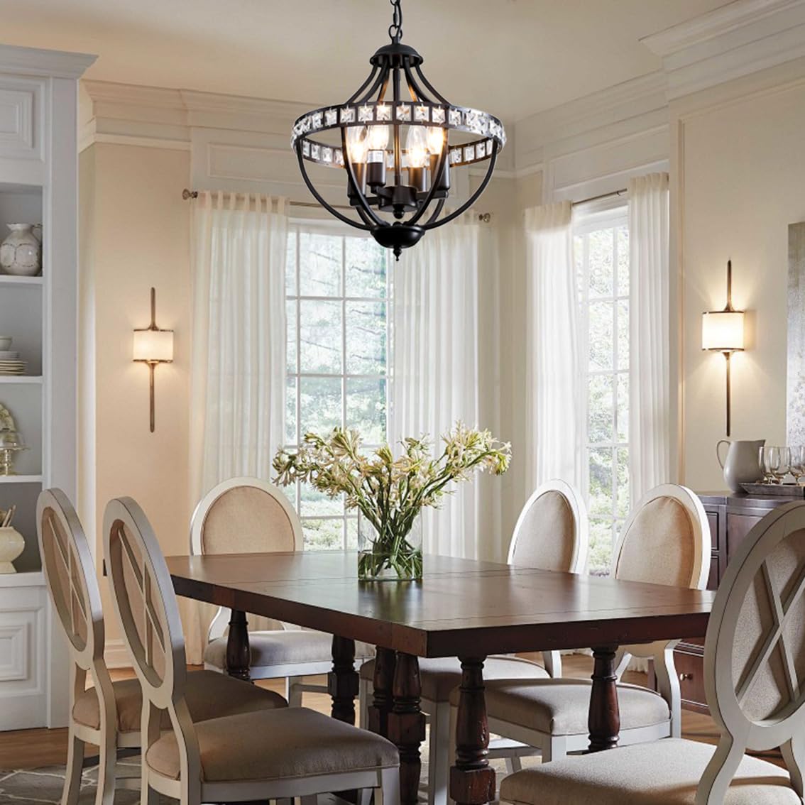 Threebro Crystal Chandeliers，Farmhouse Ceiling Chandelier Rustic Vintage Black Pendant Hanging Lighting for Dining Room Living Room Entryway Kitchen Island Bedroom Foyer Lighting（4-Light）