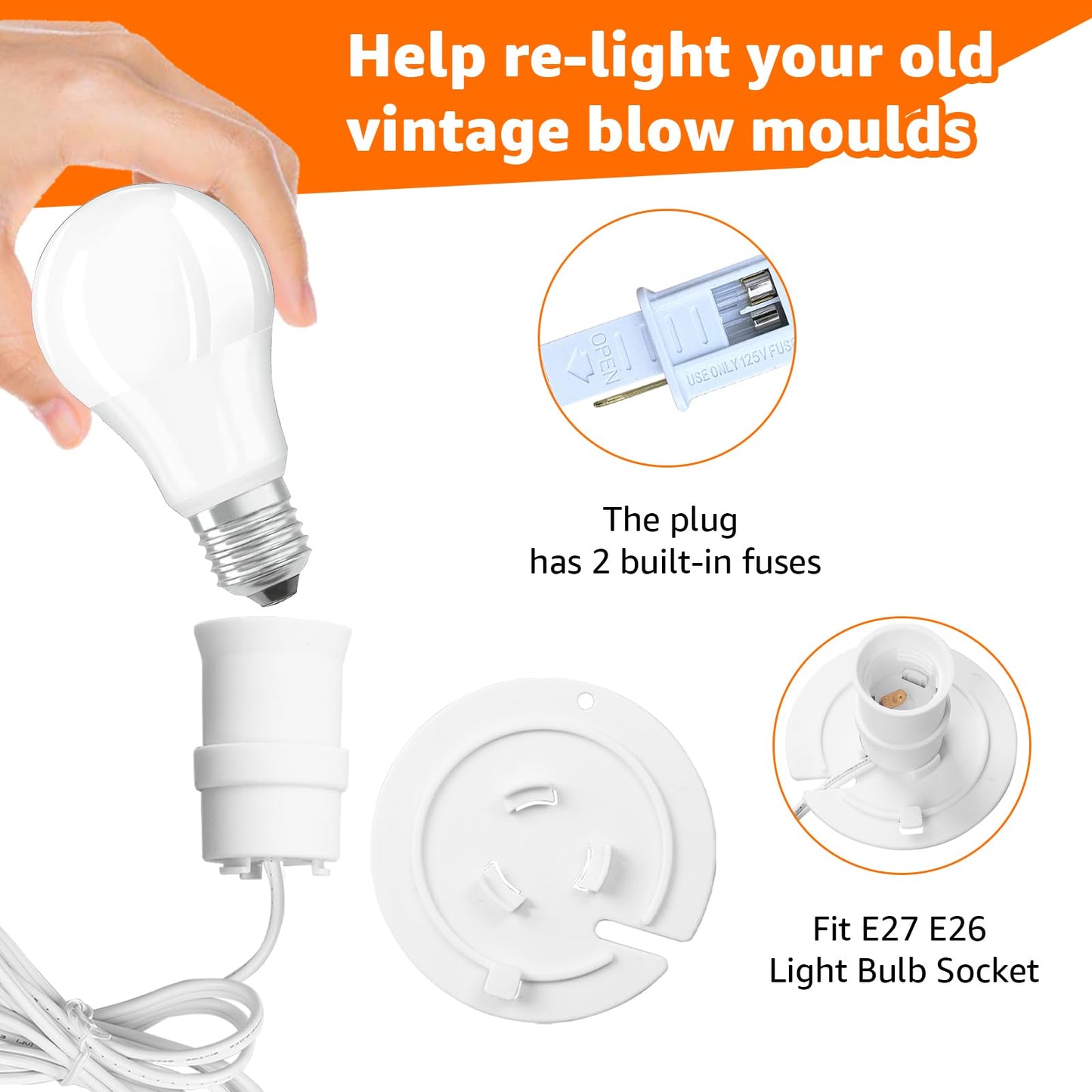 Norward 2 Set Blow Mold Light Kit Replacement, E27 E26 Bulb Cord Kit for Halloween,Christmas,Salt Lamp,Craft Indoor Outdoor Decorations,Salt Lamp Base with Fuse Plug