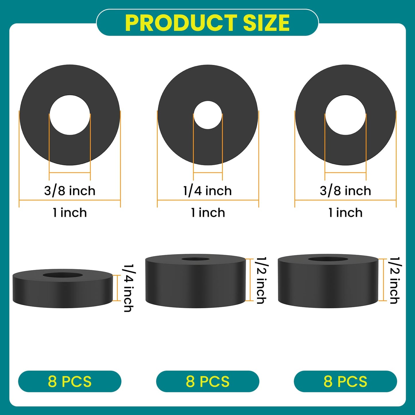 DALQUIS 24Pcs 3 Sizes Multi-Purpose Rubber Spacers Kit, 1 Inch OD Anti-Vibration Bushings Spacers Washers for Cars, Motors, Home
