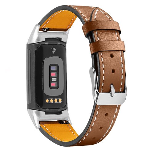 Compatible with Fitbit Charge 6/Charge 5 Bands for Women Men, Genuine Leather Adjustable Sports Strap Replacement Wristband for Charge 6/Charge 5 Tracker Small Large, women men (Brown)