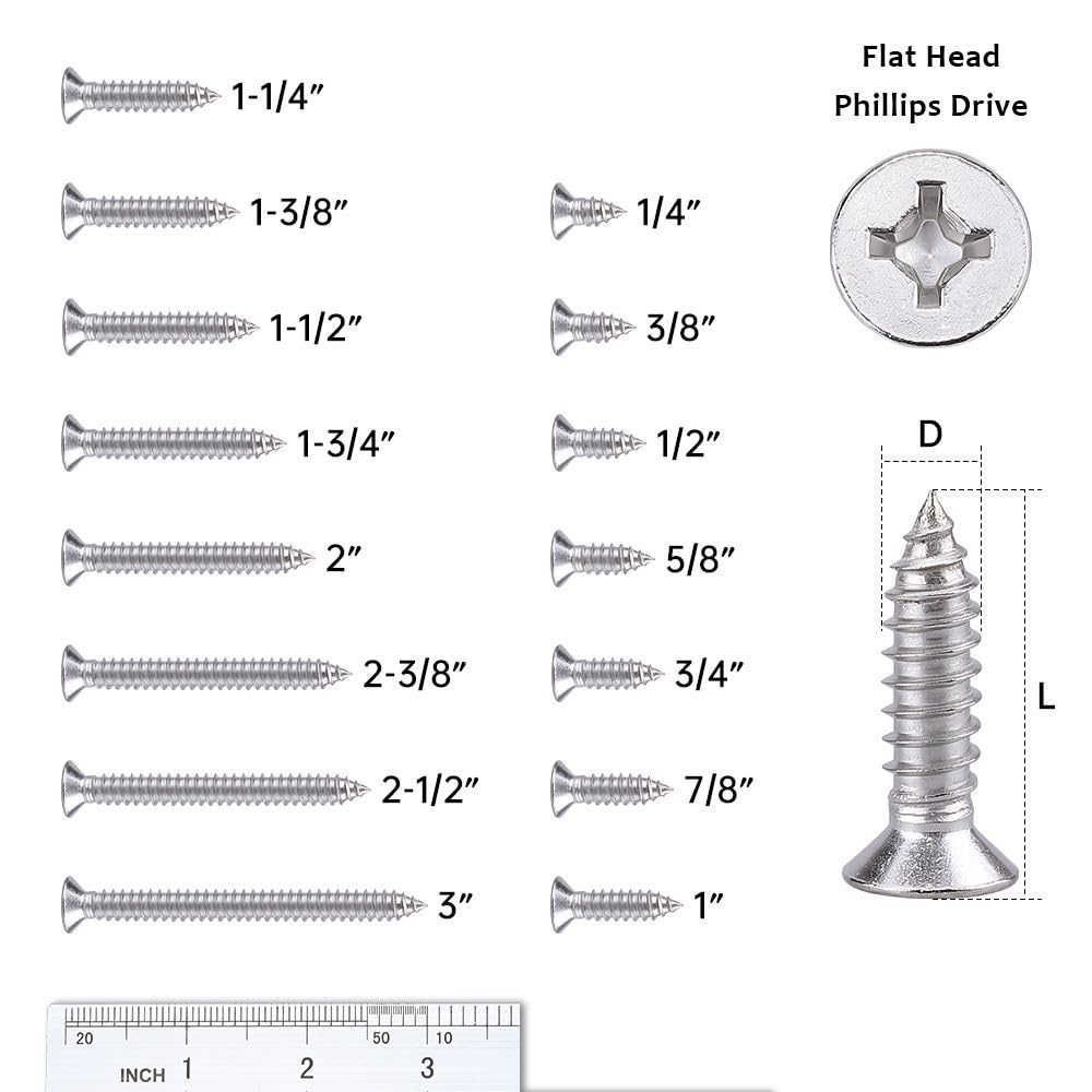 30 Pack #12 x 3 Flat Head Phillips Self Tapping Screws, 18-8 Stainless Steel 304, Countersunk Sheet Metal & Wood Screws, Corrosion Resistant Fasteners