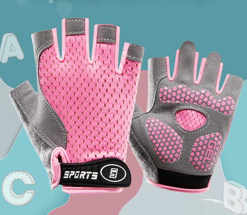 Kids Cycling Gloves - Half Finger Non-Slip Bike Gloves, Pink Medium