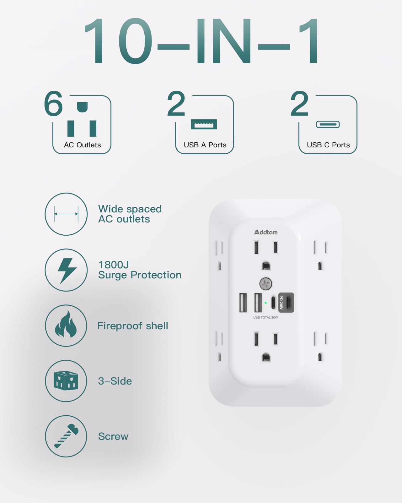 Addtam Surge Protector Outlet Extender, 6-Outlet Splitter with 4 USB Wall Charger(PD 20W), Multi Plug Wall Outlet 1800J Power Strip for Home Office Dorm Room Essentials